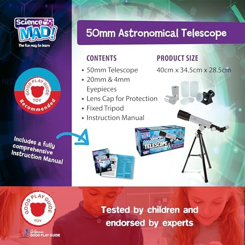 Science Mad 50mm Astronomical Telescope for Kids - Learn Astronomy and the Universe with Fun - Features Portable, 50mm Lens, Tripod and Mount, 18x and 90x Magnification, 6+ Years - Image 4