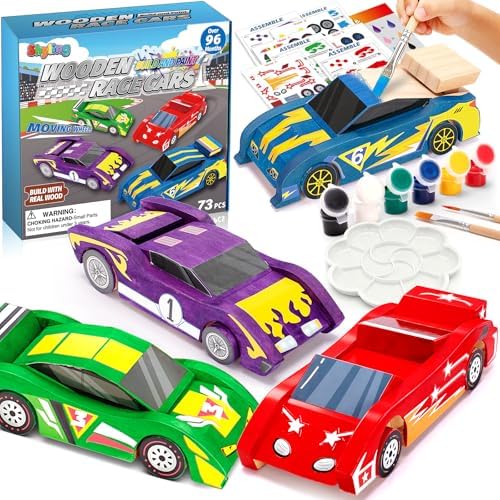 Shyling 4 Wooden Race Car Painting Kit, Arts & Crafts DIY Kit for Kids 8-12 by Shyling