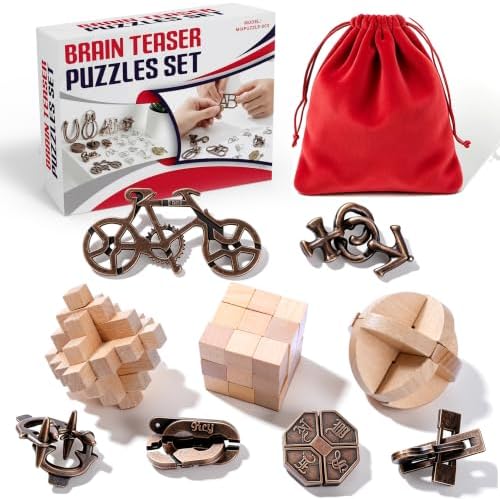 9pcs Metal & Wooden Brain Teaser Puzzles Set, 3D Brain Teasers Steel Puzzles for Adults Teens Kids, Educational IQ Unlock Interlock Puzzle Gift Set by Unknown
