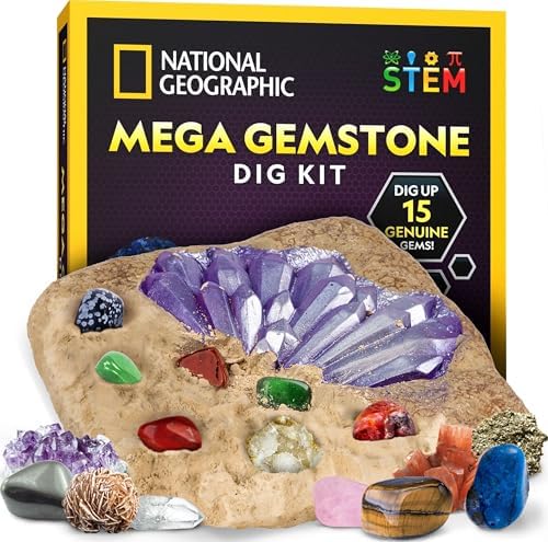 NATIONAL GEOGRAPHIC Mega Gemstone Dig Kit – Dig Up 15 Real Gemstones and Crystals, Science Kit for Kids, Gem Digging Kit, Gift for Girls and Boys, Mining Kit, Rock Collection by BlueMarbleToys