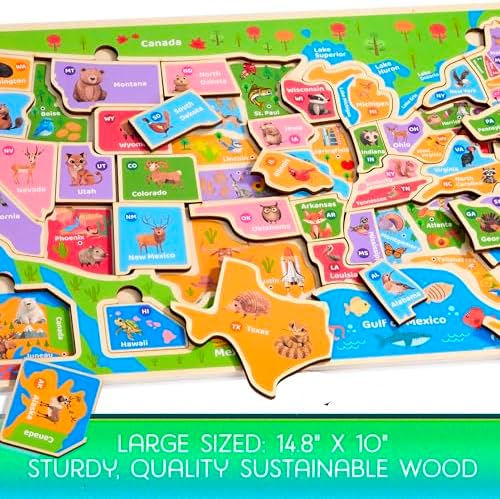 Montessori Mama USA Map Wooden Puzzle, Puzzles for Kids Ages 4-6 Educational Toys for 4 Year Old Kids Puzzles Ages 5-8 Landmarks, Animals, Capitols and States - Image 4