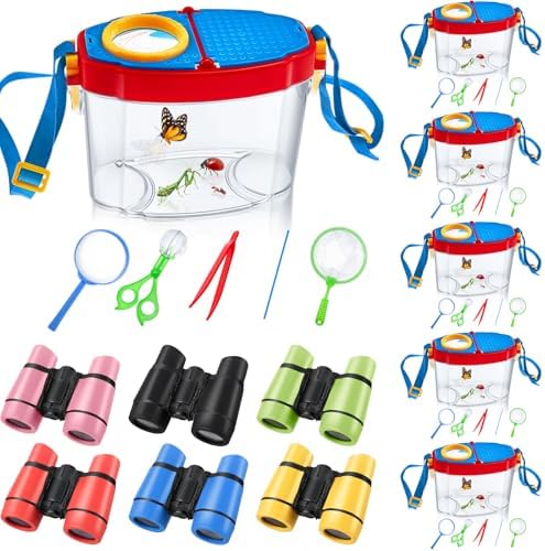 VioraWhite 6 Sets Bug Catcher Kit for Kids Outdoor Explorer Kit Summer Bug Collection Kit with Kids Binoculars Butterfly Net Magnifying Glasses Tweezers Bug Observation Containers with Shoulder Strap by VioraWhite