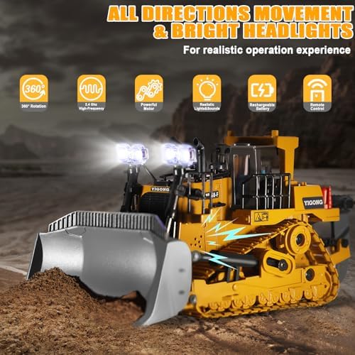 Remote Controlled Bulldozer, 9-Channel Metal RC Construction Vehicle Toy with Lights, Sound, and Rechargeable Battery, Remote Controlled Bulldozer Toy Gift for Kids Boys Girls Aged 4-12 (2.4 GHz) - Image 3