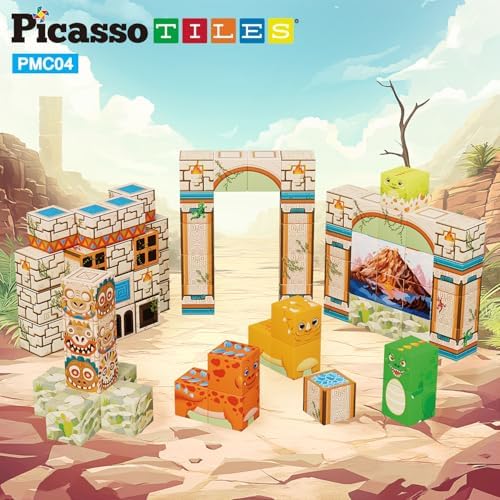 PicassoTiles Magnet Cube Prehistoric World Themed Mix and Match Building Block Construction Toy with 4 Magnetic Cubed Dinosaur Character Action Figures STEM Education Sensory Pretend Play Age 3+ PMC04 - Image 2