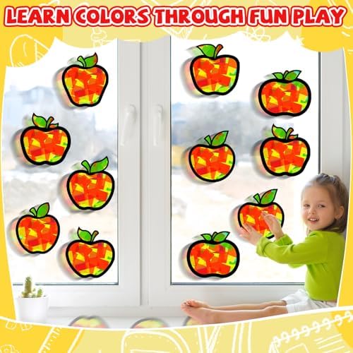 QOUBAI 32 Sets Apple Suncatchers Craft Kit DIY Window Stained Glass Effect Fall Apples Paper Craft for Home School Classroom Decor Kid Birthday Gifts Creative Art Projects Activity Game - Image 5