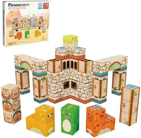 PicassoTiles Magnet Cube Prehistoric World Themed Mix and Match Building Block Construction Toy with 4 Magnetic Cubed Dinosaur Character Action Figures STEM Education Sensory Pretend Play Age 3+ PMC04 by PicassoTiles