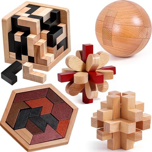 5PCS Wooden Puzzles for Adults & Kids – Cube & Shape Brain Teasers, Logic & Educational Games, Family Fun by KakeDuJa
