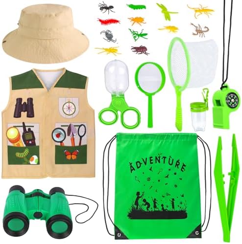 Kyson Kids Explorer Costume and Bug Catcher Kit 22Pcs with Vest,Hat,Net,Tweezers-Safari Camping Adventure Gear for Outdoor Exploration Ages 3-8 Boys Girls (Khaki) by Kyson