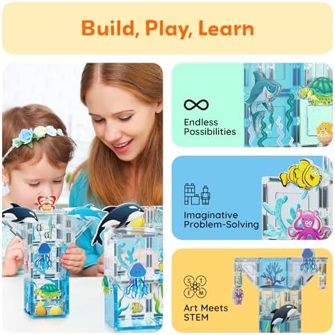 PicassoTiles 52 PCS Magnetic Tiles Ocean Animal STEM Set 8 Figures Ages 3+ - Image 4