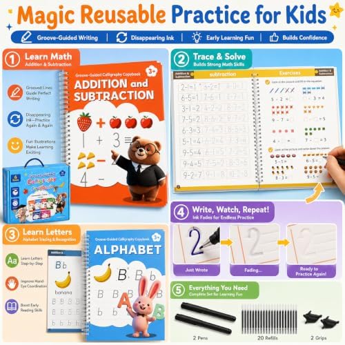 BA-RAKAHCO Magic Grooved Writing Practice for Kids Age 3-8, Grooved Handwriting Practice, Kids Writing Book, Reusable Tracing Set, 6 Books and 8 Stickers Coloring Books, Disappearing Ink Kids - Image 2