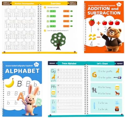 ROYFACC Grooved Writing Books Groove Handwriting Practice for Kids 3-8 Large Reusable Groove Workbooks Tracing Books Preschool Learning Letter Number Math Drawing with Disappearing Ink Pens, 6 Books - Image 4