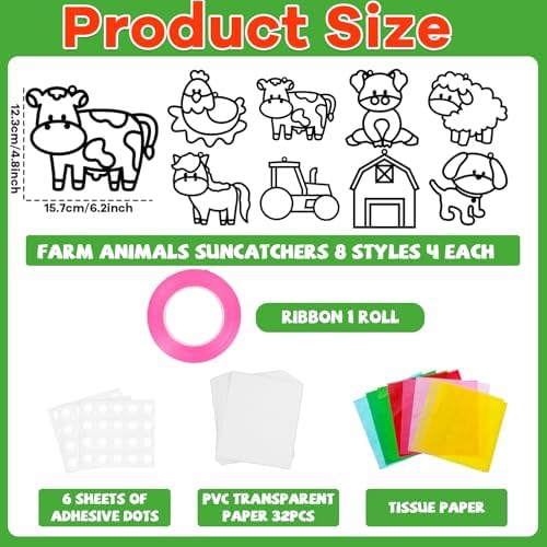 QOUBAI 32 Sets Farm Animals Suncatchers Craft Kit DIY Window Stained Glass Effect Cow Horse Chicken Paper Craft Home School Classroom Decoration Kid Birthday Gift Creative Art Project Activity Game - Image 2