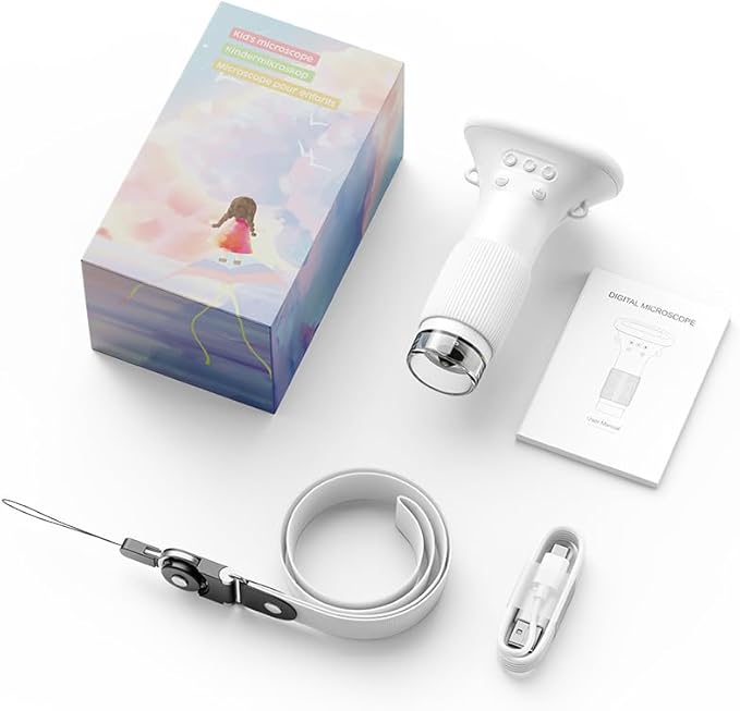 Portable Digital Microscope for Kids, Pocket Handheld Microscope Camera with 2'' Inch Screen, Educational Science Christmas Birthday Gifts for Age 3 4 5 6 7 8 9 10 11 12 Girls Boys - White