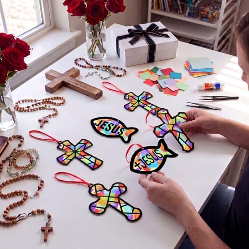 Renbuzhu 48PCS Sunday School VBS Crafts Bulk: Paper Cross Fish Nativity Suncatchers, Jesus Religious Christian Activity DIY Kits Church Decorations, Window Stained Glass Effect Art Supplies - Image 6