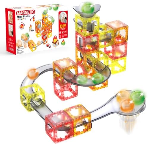 Hugeway 50Pcs Marble Run with Race Track Rolling Ball Set with Magnetic Bracks,Tiles and Marble Tracks,3-in-1 Building Blocks Kit,STEM Learning Toy Gift for Indoor Activity Boys Girls Aged 3+ Kids. by HUGEWAY