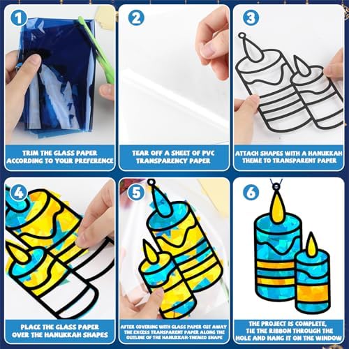 QOUBAI 32 Sets Hanukkah Suncatchers Craft Kit DIY Window Stained Glass Effect Chanukkah Paper Crafts for Home School Classroom Decoration Kid Birthday Gift Creative Art Project Activity Game - Image 3