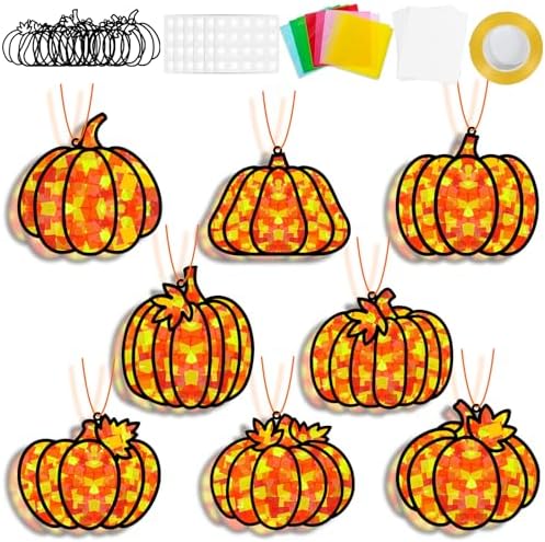 32 Sets Pumpkin Suncatchers Craft Kit DIY Window Stained Glass Effect Fall Pumpkin Paper Crafts Home School Classroom Autumn Thanksgiving Decor Kid Birthday Gift Creative Art Project Activity Game by QOUBAI
