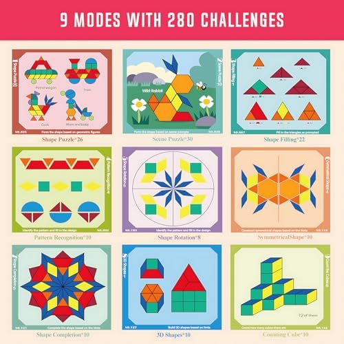 288 PCS Wooden Magnetic Pattern Blocks Set – Montessori Tangram Puzzle with Pattern Cards & Storage Bag | Preschool Montessori Brain Teaser, STEM Gift for 3-8 Years Old Toddler Kids - Image 2