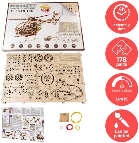 WOODEN.CITY Helicopter 3D Wooden Puzzle – Wooden Model Kit for Adults, 173-Piece Mechanical Helicopter with Working Rotor, DIY Aircraft Model, Made in EU - Image 4