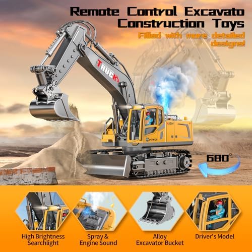 Remote Control Excavator Toy for Boys,17 Channel 1:16 RC Excavator Toys with Metal Shovel/Spray/Lights/Sounds,RC Digger Construction Vehicles Toys Gift for Boys 7 8 9 10 11 12 Year Old Kids - Image 4