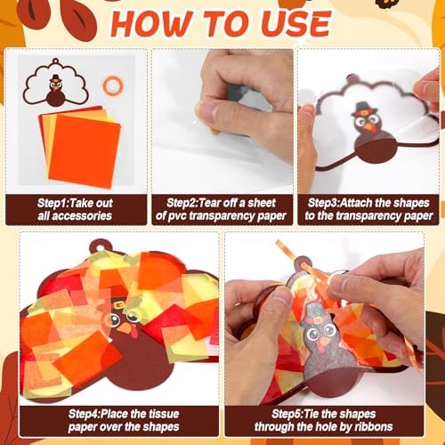 Qyeahkj 36 Set Thanksgiving Turkey Suncatchers Crafts for DIY Fall Window Tissue Paper Craft Kit Autumn Hanging Decor for Harvest Home Activity Art Project Birthday Party Favor Gift - Image 4