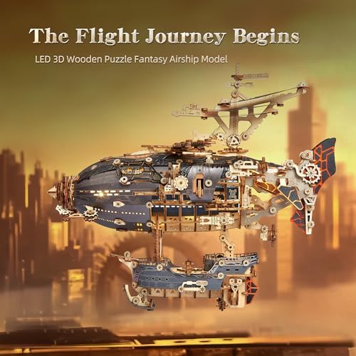 FUNPOLA LED 3D Wood Puzzle Fantasy Airship Model - Steampunk DIY Craft Kit with LED Lights – Intricate Wooden Airship Model Building Set for Adults(Gray) - Image 2