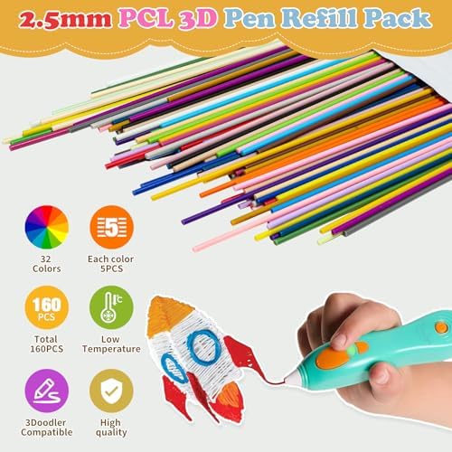 Upgraded 20cm Length 3D Pen PCL Filament Refills,Less Reloading,32 Colors 160 PCS,Low Temp Safe,Only Compatible with 3Doodler Start+ 3D Pen for Drawing & DIY Art Projects - Image 2