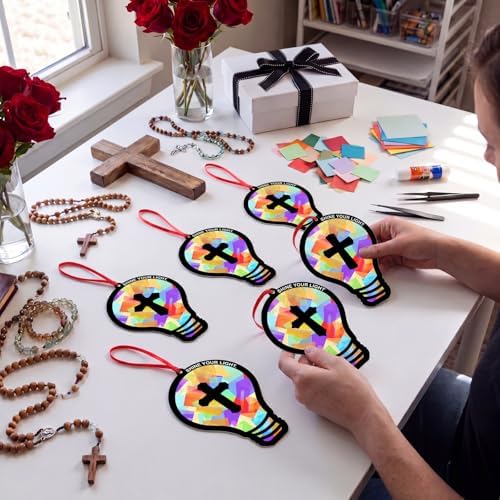 Renbuzhu 48PCS Sunday School VBS Crafts Bulk: Paper Lightbulb Cross Nativity Suncatchers, Jesus Religious Christian Activity DIY Kits Church Decorations, Window Stained Glass Effect Art Supplies - Image 5