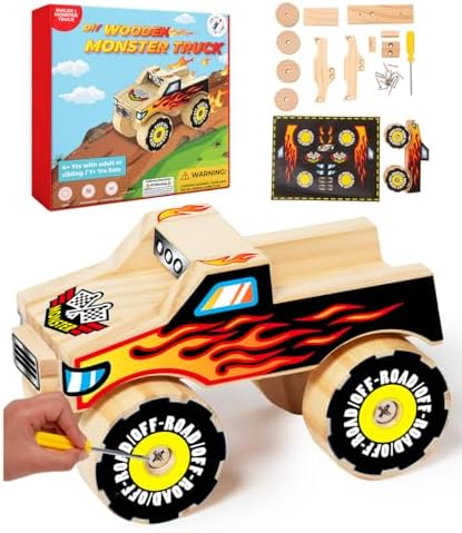 Little Jupiter DIY Wooden Kits w/Stickers - Kids Building Kit - Stem Toys for Ages 4-7 - Wood Crafts for Kids - Woodworking Kits (Monster Truck 1) by LittleJupiter