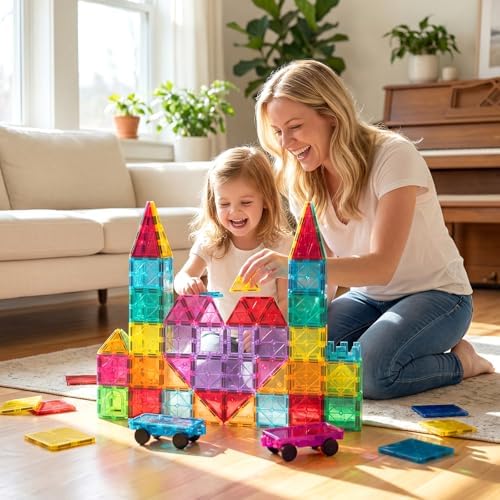 Bmag 130PCS Magnetic Tiles Building Blocks with 2 Cars | 3D Clear Magnet Blocks | STEM Preschool Toys for 3-9+ Kids | Christmas & Toddler Gift | Compatible with Major Brands - Image 2