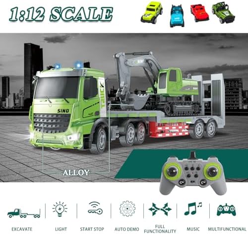 Fistone RC Semi-Trailer Truck & Excavator Toy Set, 1:12 Scale with Sound and Lights, 11CH 2.4Ghz Remote Control Flatbed Truck and Excavator Toys, Great Gift for Kids Boys - Image 2