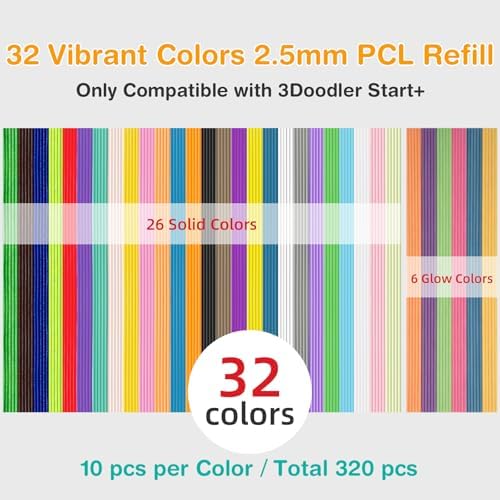 320 Pcs 32 Colors 3D Doodler Pen Filament Refills for 3Doodler Start+ Only - Low-Temp PCL 2.5mm 3doodler Refill Packs, 26 Rainbow + 6 Glow in the Dark, Each 10pcs, Includes 3D Pen Drawing Book - Image 2