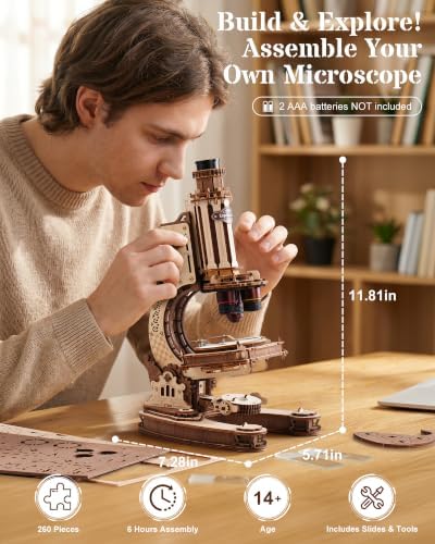 ROKR Wooden 3D Puzzle Building Kit, Real Optical Microscope with 40X-400X Magnification, STEM Science Toy for Students and Adults(ST005) - Image 4