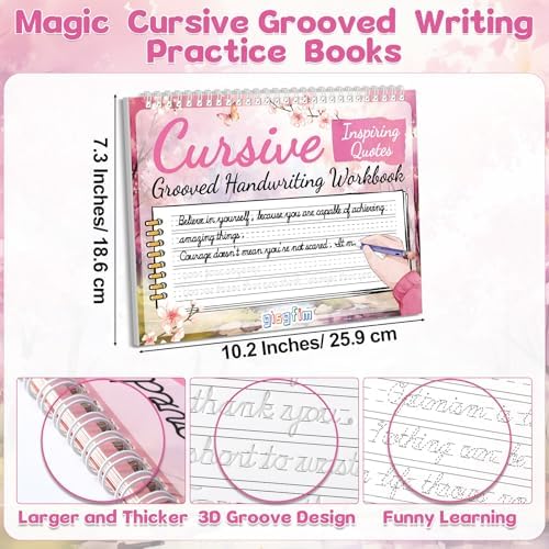 gisgfim Grooved Cursive Handwriting Workbook Magic Reusable Grooved Cursive Handwriting Practice Guided Tracing with Disappearing Ink Pens for Beginner Learning Activities Supplies (Inspiring Quotes) - Image 2