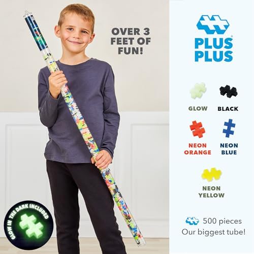 PLUS PLUS Super Tube, Glow-in-The Dark Mix, 500 Piece Building Block Set - Image 2