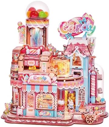 Tonecheer 3D Wooden Puzzle for Adults- Candy Workshop, Mechanical Transmission Model Kit, Dynamic DIY Building Set with Music & Lights, Miniature House Kit Ideas by Tonecheer