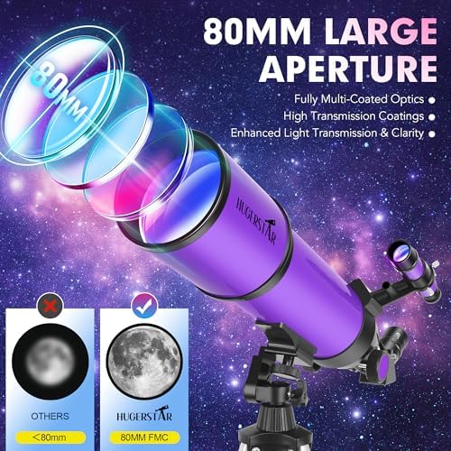 Telescope, Telescope for Adults & Kids & Astronomy Beginners, 80mm Aperture 600mm Portable Refractor Telescopes FMC Optics with AZ Mount Tripod, Phone Adapter, Moon Filter and Carrying Bag - Image 2