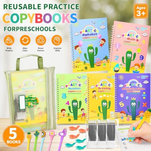 Large Reusable Grooved Handwriting Practice Workbooks for Kids Ages 3-8 Magic Disappearing Ink & 3D Groove Preschool Kindergarten Children Writing Books 5-Book Set with Pen Grips - Image 2