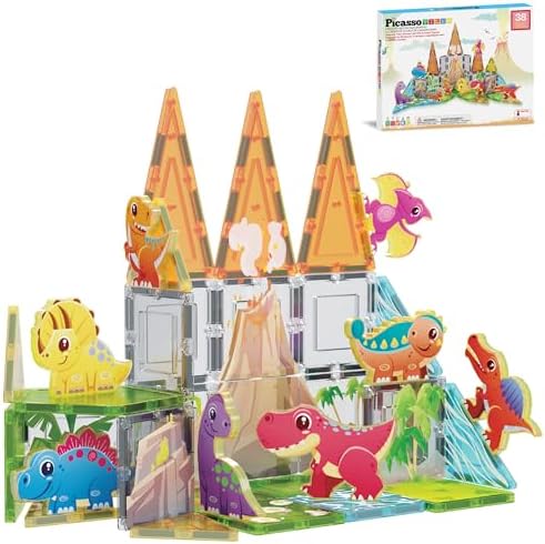 PicassoTiles Dinosaur Magnetic Tiles, STEM Building Blocks Toy Set Ages 3+ by PicassoTiles