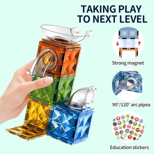 Glowing Magnetic Marble Run Set 142PCS, STEM Educational Magnet Building Toys, 4D Diamond Surface Light Magnetic Tracks, Creative Marble Maze Gift for Boys and Girls Ages 3-12 - Image 5