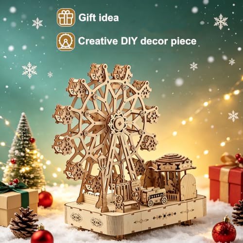 3D Wooden Puzzle for Adults, Ferris Wheels Music Box Model Kits with Light - Image 5