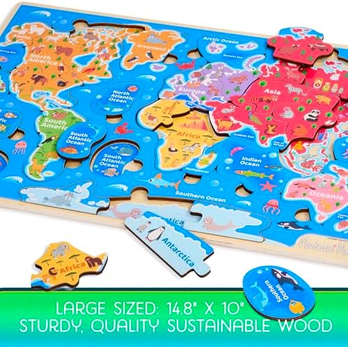 Montessori Mama World Map Wooden Puzzle, Continents and Oceans Puzzles for Kids Ages 4-6. Perfect Educational Toys for 4 Year Old Including Global Landmarks, Animals and Marine Life - Image 4