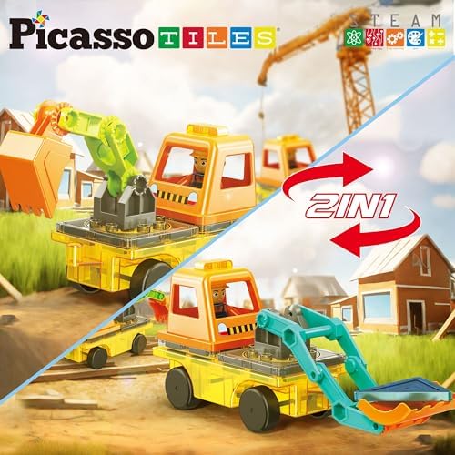 PicassoTiles Magnet Tiles Building Block 2-in-1 Excavator & Backhoe Brick Compatible Construction Playset with Car Base Magnetic Character Action Figure STEM Educational Learning Toy Kit Age 3+ PTU04 - Image 3