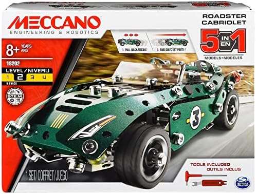 MECCANO by Erector 5 in 1 Roadster Pull Back Car Building Kit, STEM Engineering Education Toy for Ages 8 and up by Meccano