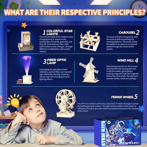 5-in-1 STEM Kits for Kids Ages 8-13, Wooden Building Toys with Motorized Ferris Wheel & Night Light, DIY Science Engineering Projects, Educational Gifts for Boys and Girls - Image 3