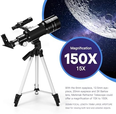 Telescope for Kids & Adults, 70mm Aperture 300mm Telescopes for Astronomy Beginners, 15X-150X Magnification Portable Refractor Telescope with Adjustable Tripod, Phone Adapter - Image 2