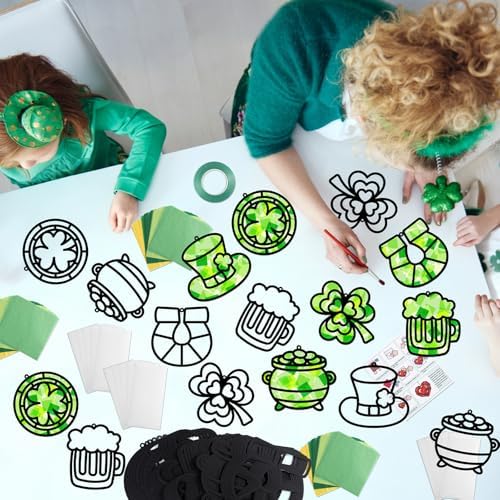Qyeahkj 36 Set St. Patrick's Day Suncatchers Crafts for DIY Shamrock Window Tissue Paper Craft Kit Hanging Decor for St. Patrick's Day Home Activity Art Project Birthday Party Favor - Image 6