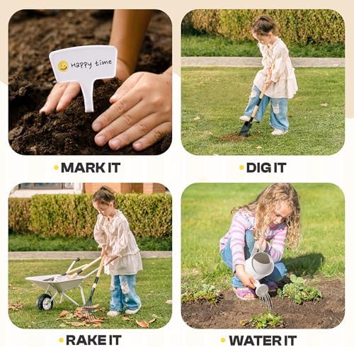 ROBUD Kids Gardening Tools Outdoor Toys Set Backyard Play with Kids Wheelbarrow-9pcs Metal Toddler Wheelbarrow, Garden Tools, Watering Can, Plant Labels for Ages 3+ (Grayish White) - Image 4