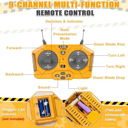 Remote Controlled Bulldozer, 9-Channel Metal RC Construction Vehicle Toy with Lights, Sound, and Rechargeable Battery, Remote Controlled Bulldozer Toy Gift for Kids Boys Girls Aged 4-12 (2.4 GHz) - Image 5