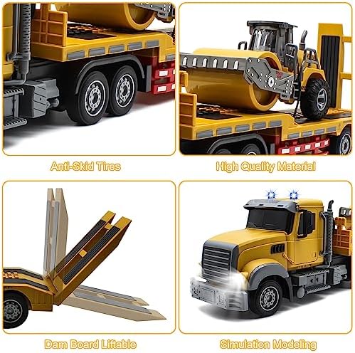 Fistone RC Semi Truck with Trailer, 1:24 RC Semi-Trailer Engineering Tractor with Sound and Lights, 2.4Ghz Remote Control Flatbed Truck with Road Roller Toys, Construction Vehicles Toy for Boys - Image 5